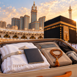 Umrah essentials with a Kaaba backdrop