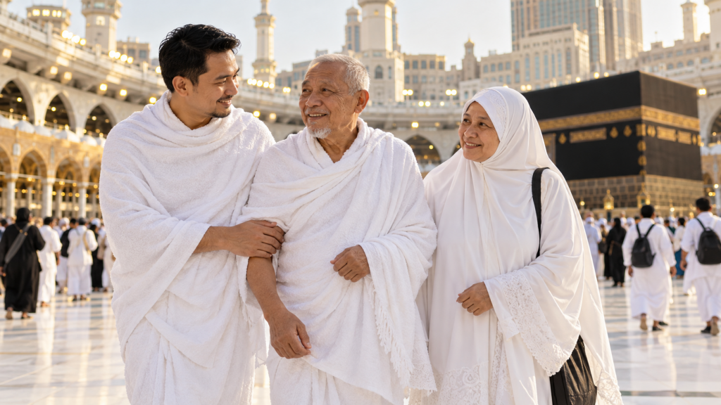 Ilustrasi anak dewasa menemani ibu bapanya menunaikan umrah dengan latar Kaabah