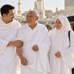 Ilustrasi anak dewasa menemani ibu bapanya menunaikan umrah dengan latar Kaabah