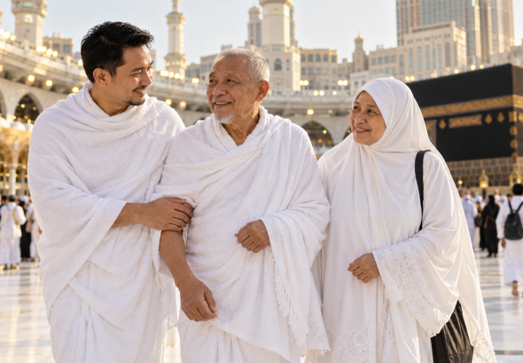Ilustrasi anak dewasa menemani ibu bapanya menunaikan umrah dengan latar Kaabah